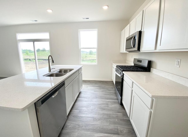 kitchen with appliances with stainless steel finishes, a sink, a center island with sink, wood finished floors, and light stone countertops