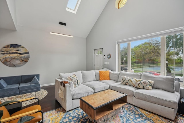 1830 W 18th St, Chicago, IL 60608 - living area featuring high vaulted ceiling, a skylight, wood finished floors, and baseboards