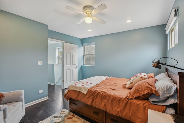 1830 W 18th St, Chicago, IL 60608 - bedroom featuring dark wood-style floors, baseboards, recessed lighting, and a ceiling fan