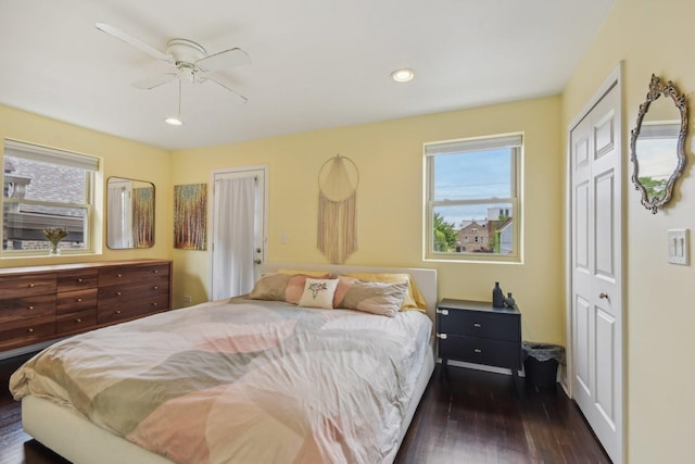 1830 W 18th St, Chicago, IL 60608 - bedroom featuring multiple windows, wood finished floors, recessed lighting, and a ceiling fan