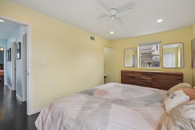 1830 W 18th St, Chicago, IL 60608 - bedroom with dark wood finished floors, recessed lighting, baseboards, and a ceiling fan