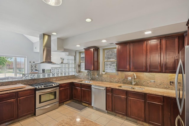 1830 W 18th St, Chicago, IL 60608 - kitchen with stainless steel appliances, a sink, island exhaust hood, dark brown cabinets, and lofted ceiling