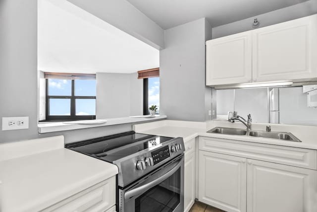 3660 N Lake Shore Dr Unit 2712, Chicago, IL 60613 - kitchen featuring stainless steel electric stove, a sink, white cabinets, and light countertops