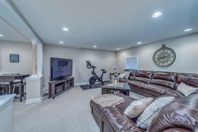 2105 Lillian Ln, Lisle, IL 60532 - living area featuring ornate columns, recessed lighting, light colored carpet, and baseboards