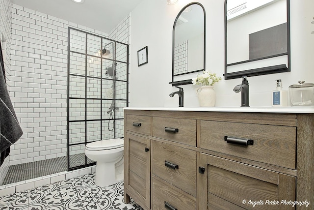 2624 Evergreen Cir, Mchenry, IL 60050 - bathroom with vanity, toilet, a shower stall, tile patterned floors, and recessed lighting