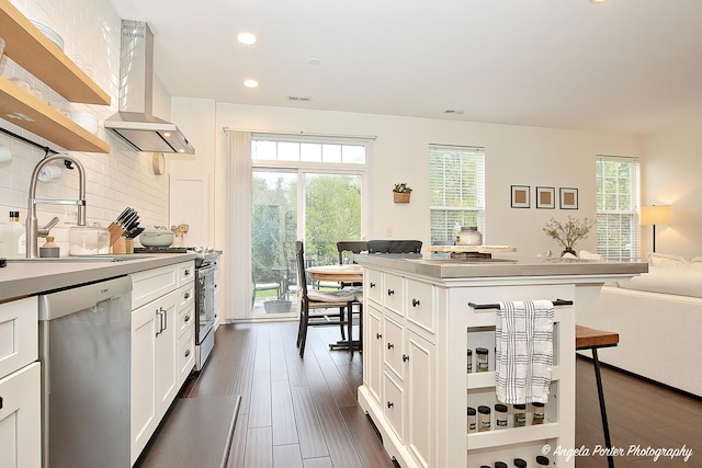 2624 Evergreen Cir, Mchenry, IL 60050 - kitchen featuring appliances with stainless steel finishes, wall chimney exhaust hood, backsplash, white cabinetry, and a sink