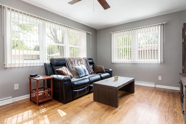 711 Parkside Dr, Rockford, IL 61108 - living room with ceiling fan, light wood finished floors, a baseboard heating unit, and baseboards