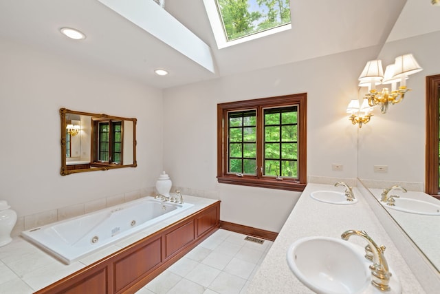 38W250 Burr Road Ln, Saint Charles, IL 60175 - bathroom with a skylight, a jetted tub, double vanity, tile patterned flooring, and toilet