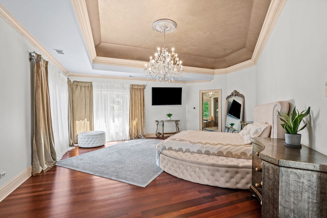 115 Carmela Ct, Bloomingdale, IL 60108 - bedroom with a tray ceiling, a chandelier, wood finished floors, crown molding, and baseboards