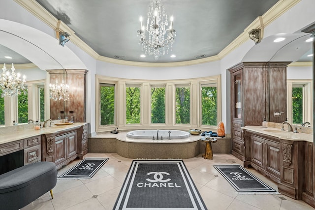115 Carmela Ct, Bloomingdale, IL 60108 - bathroom featuring a chandelier, two vanities, a bath, ornamental molding, and recessed lighting