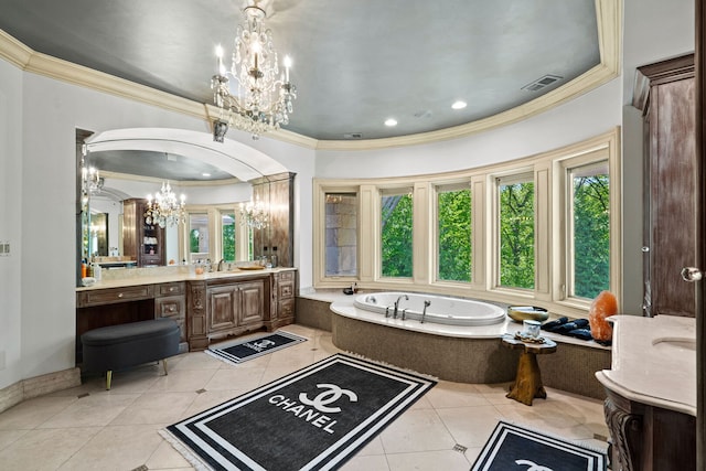 115 Carmela Ct, Bloomingdale, IL 60108 - full bath featuring a chandelier, tile patterned flooring, ornamental molding, vanity, and a garden tub