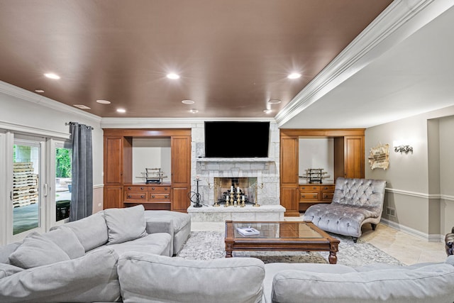 115 Carmela Ct, Bloomingdale, IL 60108 - living room featuring a stone fireplace, baseboards, ornamental molding, and recessed lighting