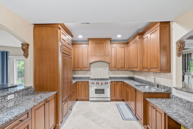 115 Carmela Ct, Bloomingdale, IL 60108 - kitchen with designer stove, a sink, arched walkways, stone counters, and recessed lighting