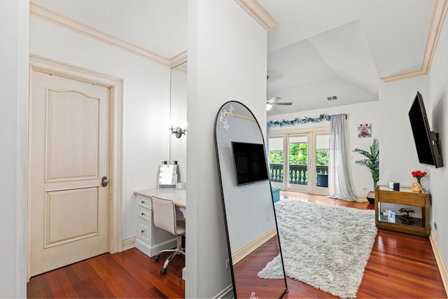 115 Carmela Ct, Bloomingdale, IL 60108 - bedroom with access to outside, an office area, dark wood-style floors, ornamental molding, and baseboards