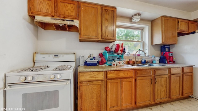 14301 S Halsted St, Riverdale, IL 60827 - kitchen with white appliances, under cabinet range hood, a sink, brown cabinetry, and light countertops