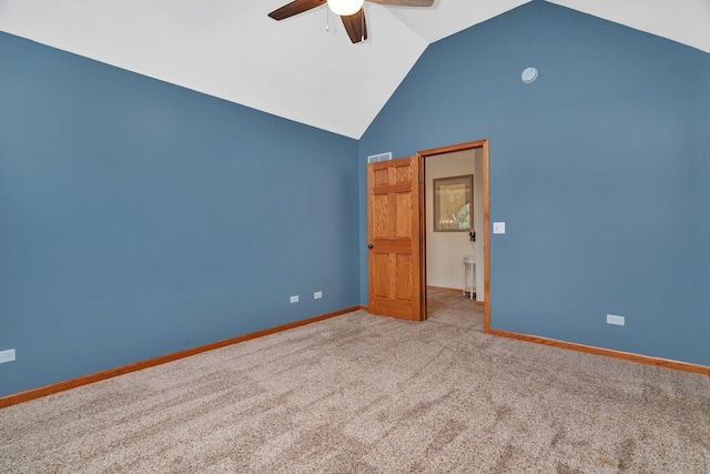 507 Cambridge Ln, Shorewood, IL 60404 - spare room featuring ceiling fan, carpet, and high vaulted ceiling