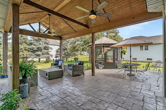 507 Cambridge Ln, Shorewood, IL 60404 - view of patio featuring a ceiling fan, outdoor lounge area, outdoor dining space, and a sunroom