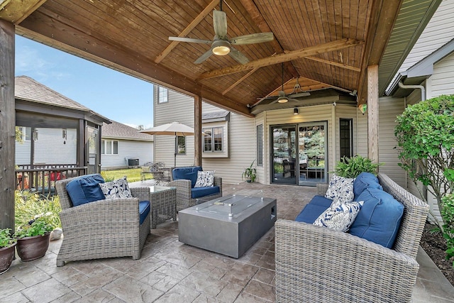 507 Cambridge Ln, Shorewood, IL 60404 - view of patio / terrace with an outdoor living space with a fire pit, ceiling fan, and french doors