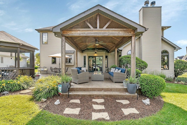 507 Cambridge Ln, Shorewood, IL 60404 - rear view of property with an outdoor hangout area, a ceiling fan, a chimney, a patio area, and a lawn