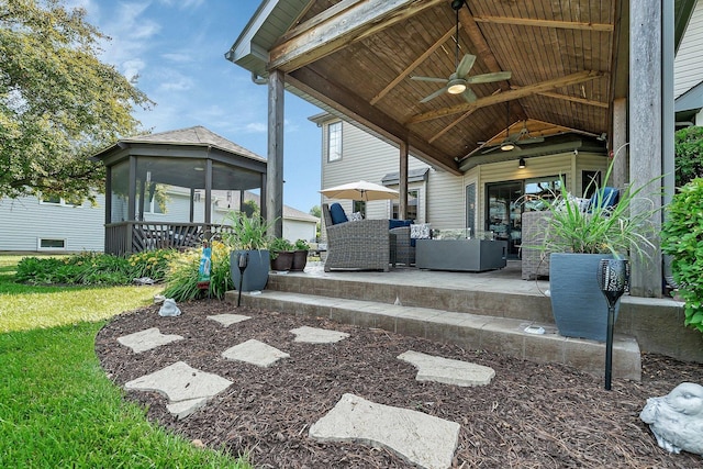 507 Cambridge Ln, Shorewood, IL 60404 - view of yard featuring a ceiling fan, a patio area, an outdoor hangout area, and a gazebo