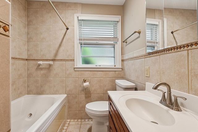 3918 213th Pl, Matteson, IL 60443 - bathroom featuring healthy amount of natural light, a combined bath / shower with jetted tub, tile patterned floors, tile walls, and toilet