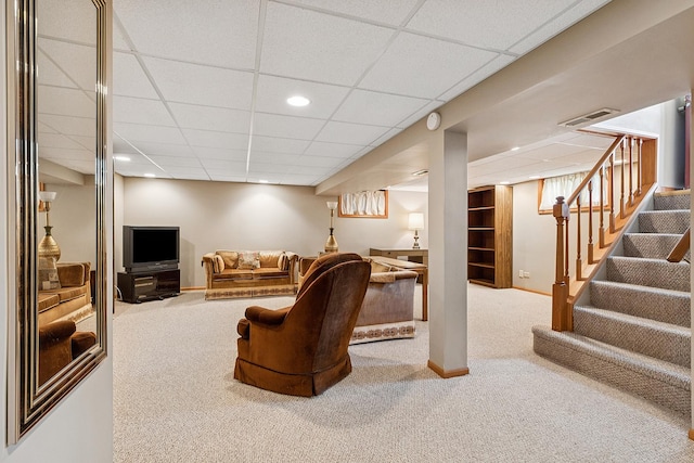 3918 213th Pl, Matteson, IL 60443 - carpeted living area featuring stairs, baseboards, a paneled ceiling, and recessed lighting