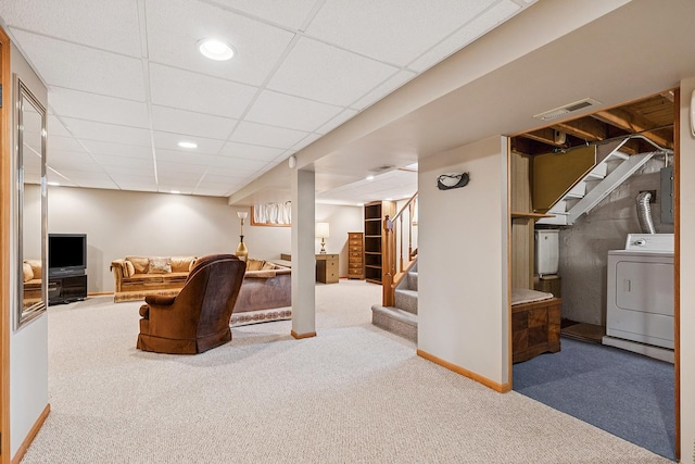 3918 213th Pl, Matteson, IL 60443 - living area with washer / dryer, carpet flooring, stairs, a drop ceiling, and baseboards