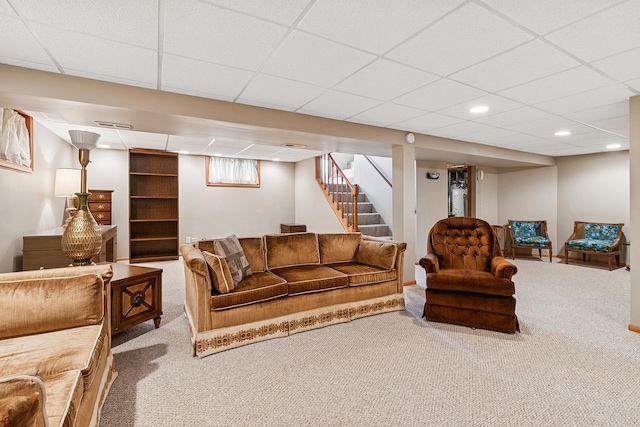 3918 213th Pl, Matteson, IL 60443 - carpeted living room with stairs, recessed lighting, and a drop ceiling
