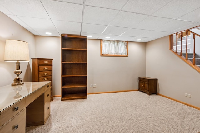3918 213th Pl, Matteson, IL 60443 - basement featuring light colored carpet, a paneled ceiling, baseboards, recessed lighting, and stairway