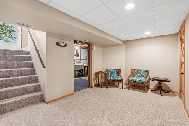 3918 213th Pl, Matteson, IL 60443 - living area with carpet flooring, baseboards, a paneled ceiling, stairs, and recessed lighting