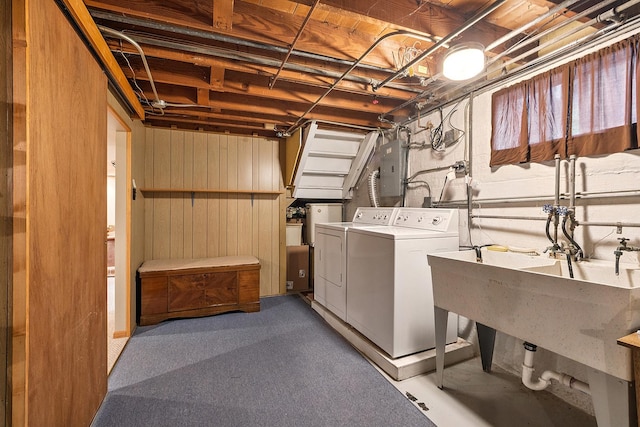 3918 213th Pl, Matteson, IL 60443 - washroom featuring washer and clothes dryer, electric panel, and wood walls
