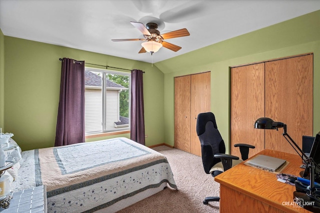 2912 Indian Springs Ct, Joliet, IL 60435 - bedroom featuring carpet flooring, multiple closets, a desk, ceiling fan, and baseboards