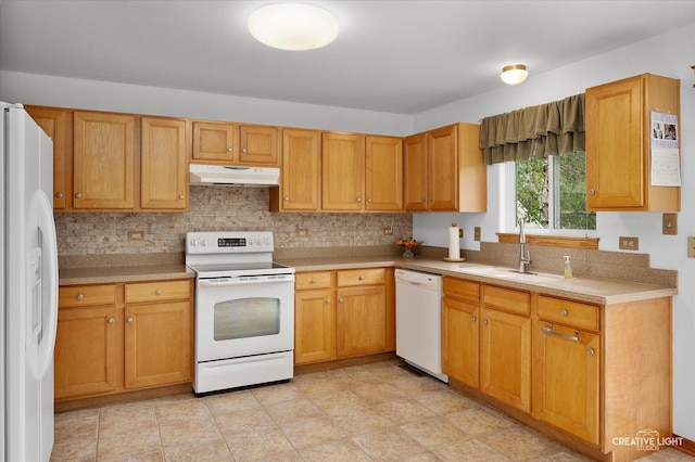 2912 Indian Springs Ct, Joliet, IL 60435 - kitchen with white appliances, under cabinet range hood, a sink, and tasteful backsplash