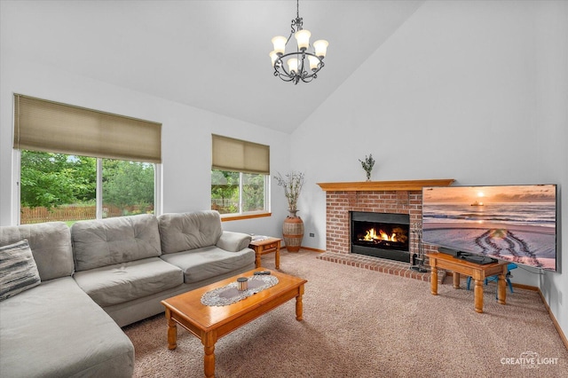 2912 Indian Springs Ct, Joliet, IL 60435 - carpeted living area with high vaulted ceiling, a chandelier, a brick fireplace, and baseboards