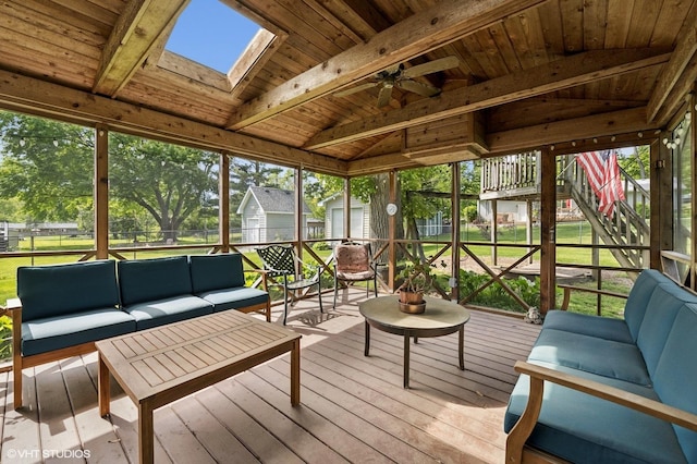 7404 Wooded Shore Dr, Wonder Lake, IL 60097 - sunroom / solarium with outdoor lounge area, a skylight, and ceiling fan