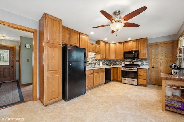 7404 Wooded Shore Dr, Wonder Lake, IL 60097 - kitchen featuring black appliances, light countertops, ceiling fan, backsplash, and brown cabinets