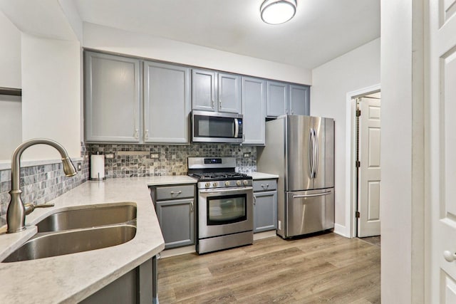 3032 Kentshire Cir, Naperville, IL 60564 - kitchen with appliances with stainless steel finishes, gray cabinetry, decorative backsplash, light wood-type flooring, and light stone counters