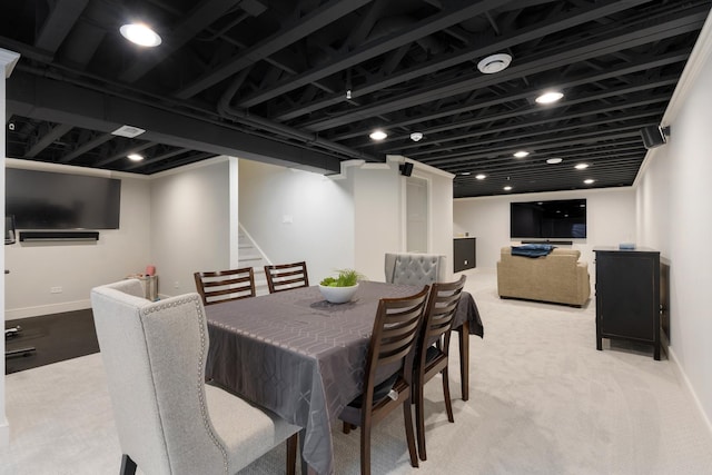 2034 Link Dr, Buffalo Grove, IL 60089 - dining space featuring light carpet, stairway, and baseboards