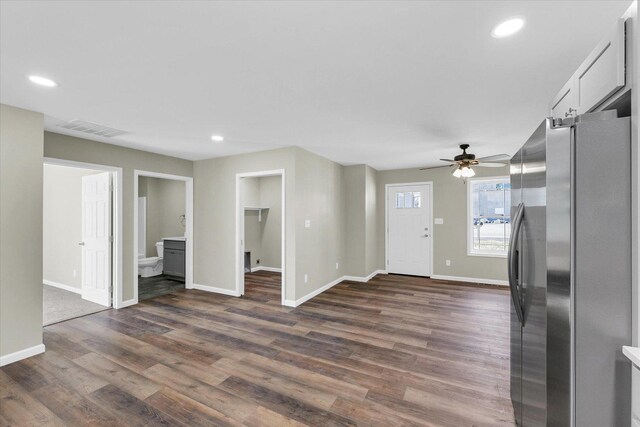 207 E Fairfield St, Fisher, IL 61843 - kitchen featuring freestanding refrigerator, a ceiling fan, baseboards, dark wood-style floors, and recessed lighting