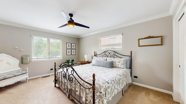5816 Wild Plum Rd, Crystal Lake, IL 60014 - bedroom featuring light colored carpet, ornamental molding, baseboards, a closet, and ceiling fan
