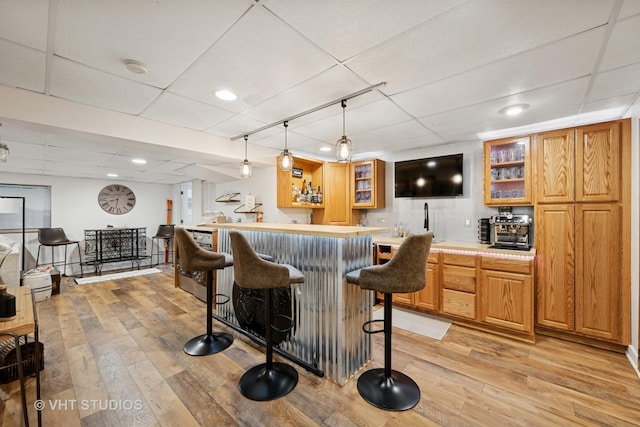 1149 Saddle Ridge Trl, Cary, IL 60013 - indoor wet bar with light wood-style floors, decorative light fixtures, a paneled ceiling, and recessed lighting