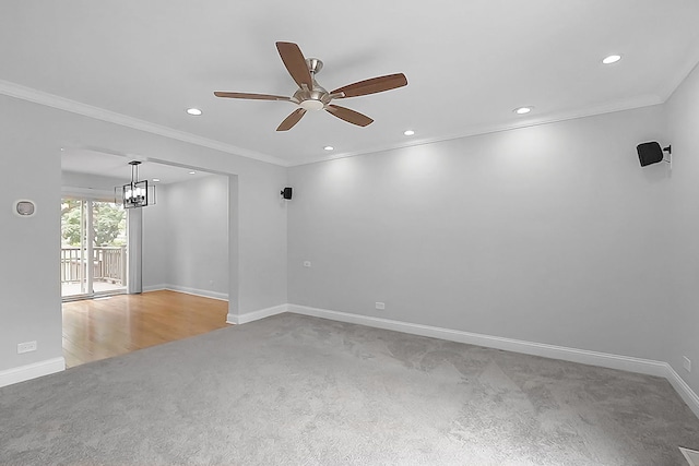 208 Spring Ct, Bloomingdale, IL 60108 - carpeted spare room featuring a chandelier, recessed lighting, a ceiling fan, and ornamental molding