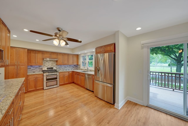 208 Spring Ct, Bloomingdale, IL 60108 - kitchen featuring stainless steel appliances, healthy amount of natural light, light stone counters, light wood finished floors, and recessed lighting