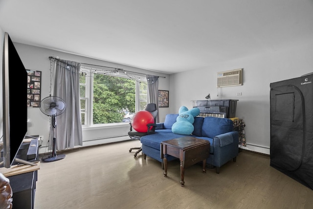 6004 S Keeler Ave, Chicago, IL 60629 - living area featuring wood finished floors, a baseboard heating unit, and an AC wall unit