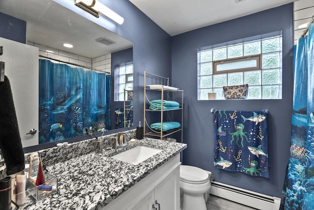 6004 S Keeler Ave, Chicago, IL 60629 - full bathroom with baseboard heating, vanity, toilet, and a shower with shower curtain