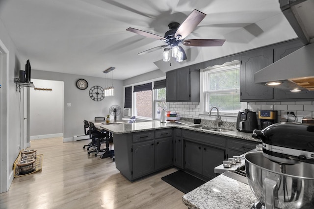 6004 S Keeler Ave, Chicago, IL 60629 - kitchen with a sink, a peninsula, wall chimney exhaust hood, and decorative backsplash