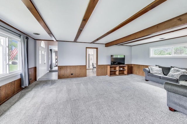 3205 Meadow Dr, Rolling Meadows, IL 60008 - living area featuring carpet flooring, a wainscoted wall, wood walls, plenty of natural light, and beamed ceiling