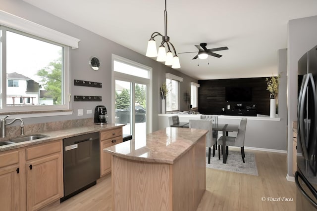 2012 Spring Creek Ln, Mchenry, IL 60050 - kitchen with dishwasher, light brown cabinetry, freestanding refrigerator, a sink, and ceiling fan