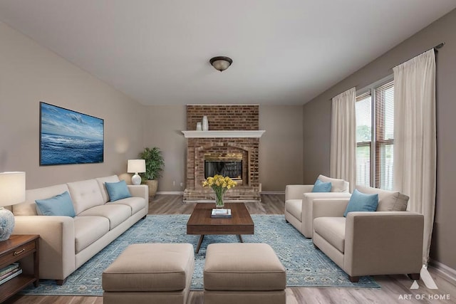 3365 Charlemaine Dr, Aurora, IL 60504 - living area with wood finished floors, baseboards, and a brick fireplace