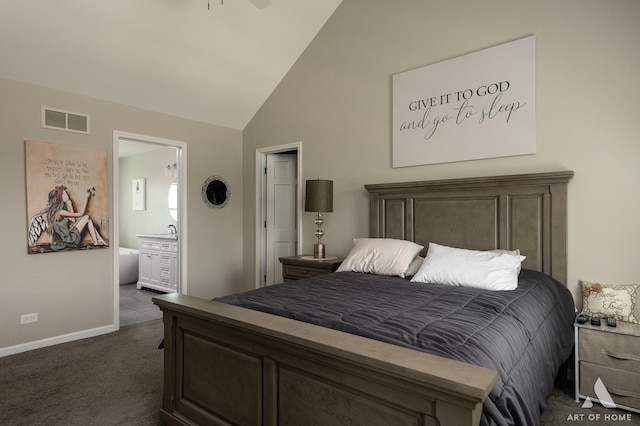 3365 Charlemaine Dr, Aurora, IL 60504 - bedroom with dark carpet, baseboards, ensuite bathroom, and high vaulted ceiling